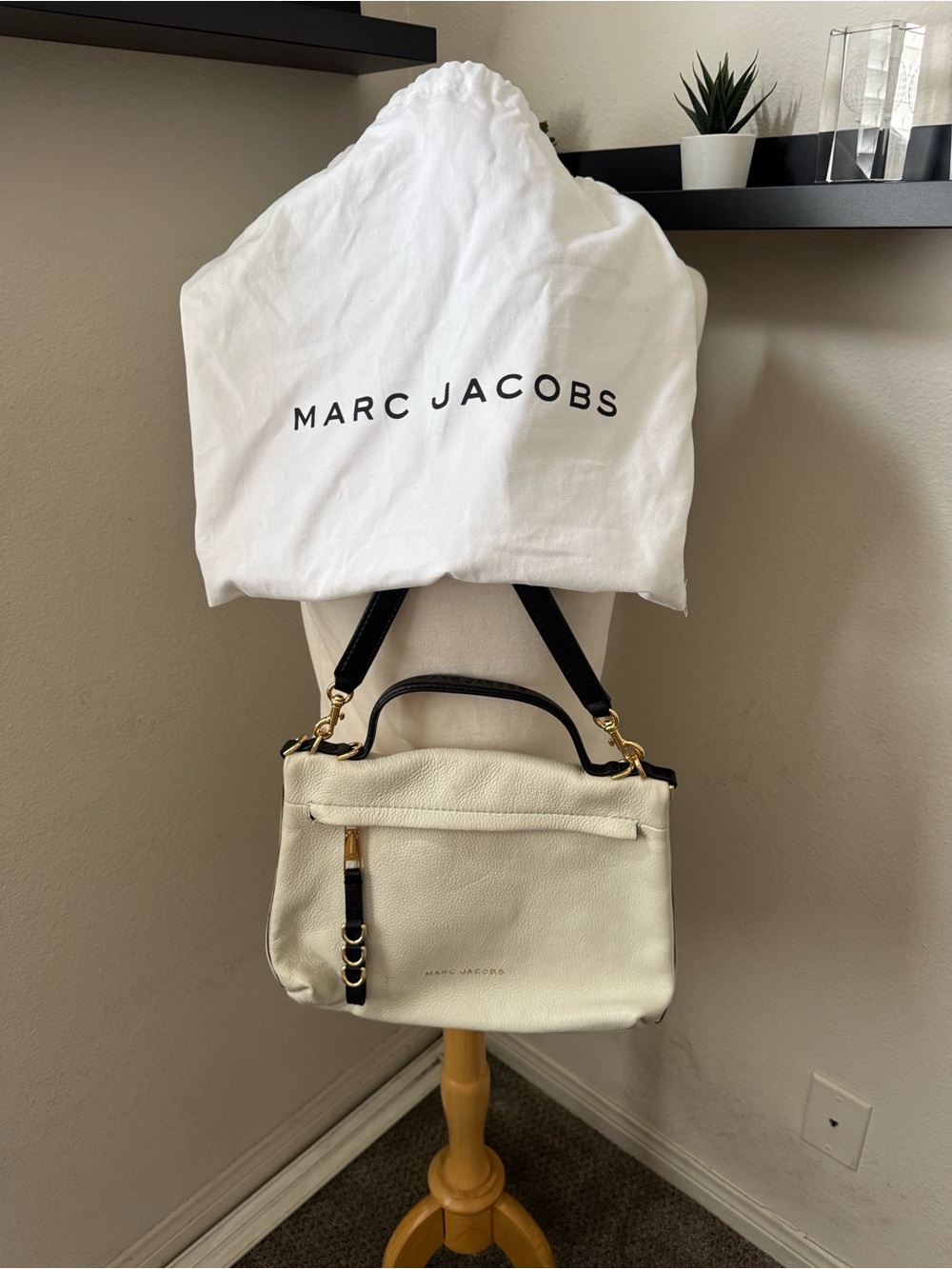 Marc Jacobs White Leather Shoulder Bag with Black Trim & Gold Hardware
